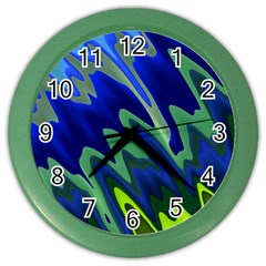 Blue Green Zig Zag Waves Pattern Color Wall Clock by SpinnyChairDesigns