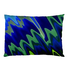 Blue Green Zig Zag Waves Pattern Pillow Case by SpinnyChairDesigns