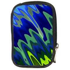 Blue Green Zig Zag Waves Pattern Compact Camera Leather Case by SpinnyChairDesigns