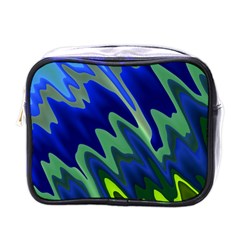 Blue Green Zig Zag Waves Pattern Mini Toiletries Bag (one Side) by SpinnyChairDesigns