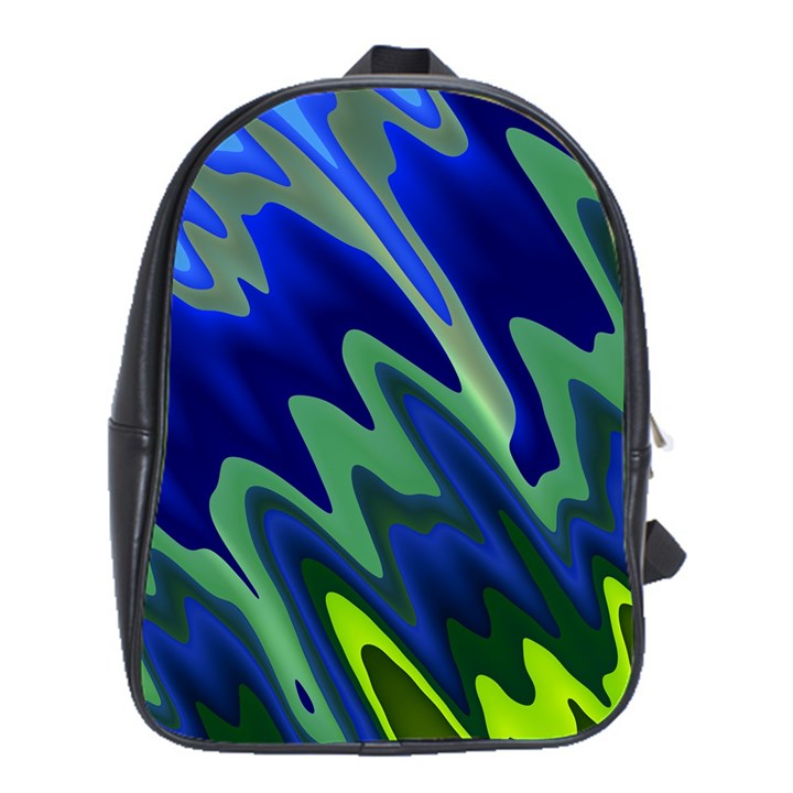 Blue Green Zig Zag Waves Pattern School Bag (XL)