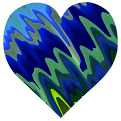 Blue Green Zig Zag Waves Pattern Wooden Puzzle Heart by SpinnyChairDesigns