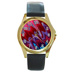 Red Blue Zig Zag Waves Pattern Round Gold Metal Watch