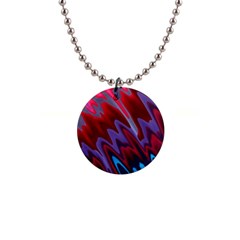 Red Blue Zig Zag Waves Pattern 1  Button Necklace by SpinnyChairDesigns