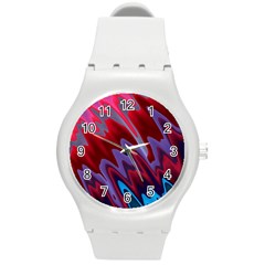 Red Blue Zig Zag Waves Pattern Round Plastic Sport Watch (M)