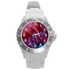 Red Blue Zig Zag Waves Pattern Round Plastic Sport Watch (L)