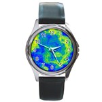 Neon Green Blue Grunge Texture Pattern Round Metal Watch Front