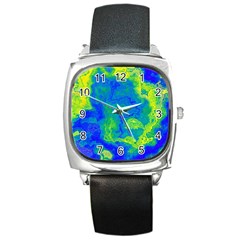 Neon Green Blue Grunge Texture Pattern Square Metal Watch by SpinnyChairDesigns