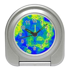 Neon Green Blue Grunge Texture Pattern Travel Alarm Clock by SpinnyChairDesigns