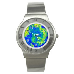 Neon Green Blue Grunge Texture Pattern Stainless Steel Watch