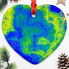 Neon Green Blue Grunge Texture Pattern Heart Ornament (two Sides) by SpinnyChairDesigns