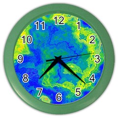 Neon Green Blue Grunge Texture Pattern Color Wall Clock by SpinnyChairDesigns