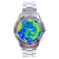 Neon Green Blue Grunge Texture Pattern Stainless Steel Analogue Watch by SpinnyChairDesigns