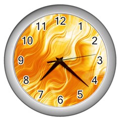 Gold Flames Pattern Wall Clock (silver) by SpinnyChairDesigns