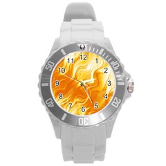 Gold Flames Pattern Round Plastic Sport Watch (l) by SpinnyChairDesigns