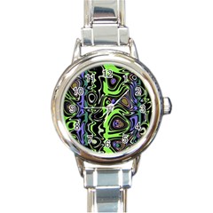 Green And Black Abstract Pattern Round Italian Charm Watch by SpinnyChairDesigns