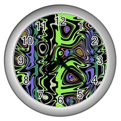 Green And Black Abstract Pattern Wall Clock (silver) by SpinnyChairDesigns