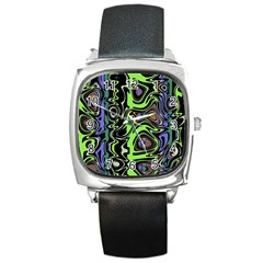 Green And Black Abstract Pattern Square Metal Watch by SpinnyChairDesigns