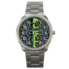 Green And Black Abstract Pattern Sport Metal Watch by SpinnyChairDesigns