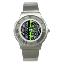 Green And Black Abstract Pattern Stainless Steel Watch by SpinnyChairDesigns