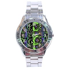 Green And Black Abstract Pattern Stainless Steel Analogue Watch by SpinnyChairDesigns