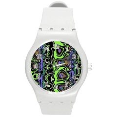 Green And Black Abstract Pattern Round Plastic Sport Watch (m) by SpinnyChairDesigns