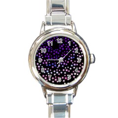 Purple Stars On Black Pattern Round Italian Charm Watch by SpinnyChairDesigns