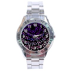 Purple Stars On Black Pattern Stainless Steel Analogue Watch by SpinnyChairDesigns