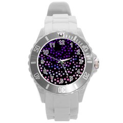 Purple Stars On Black Pattern Round Plastic Sport Watch (l) by SpinnyChairDesigns