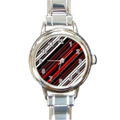 Red Black White Stripes Pattern Round Italian Charm Watch by SpinnyChairDesigns