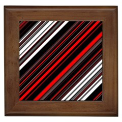 Red Black White Stripes Pattern Framed Tile by SpinnyChairDesigns