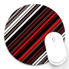 Red Black White Stripes Pattern Round Mousepads by SpinnyChairDesigns