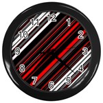 Red Black White Stripes Pattern Wall Clock (Black) Front