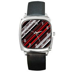 Red Black White Stripes Pattern Square Metal Watch by SpinnyChairDesigns