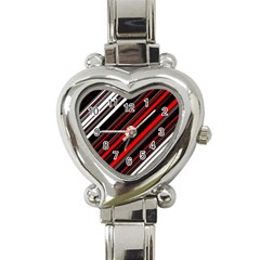 Red Black White Stripes Pattern Heart Italian Charm Watch by SpinnyChairDesigns