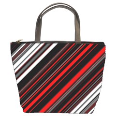 Red Black White Stripes Pattern Bucket Bag by SpinnyChairDesigns