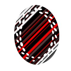 Red Black White Stripes Pattern Ornament (oval Filigree) by SpinnyChairDesigns