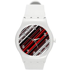 Red Black White Stripes Pattern Round Plastic Sport Watch (m) by SpinnyChairDesigns