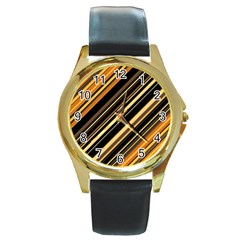 Black And Yellow Stripes Pattern Round Gold Metal Watch by SpinnyChairDesigns