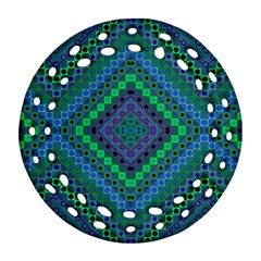 Blue Green Diamond Pattern Ornament (round Filigree) by SpinnyChairDesigns