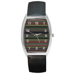 Dark Rust Red And Green Stripes Pattern Barrel Style Metal Watch by SpinnyChairDesigns