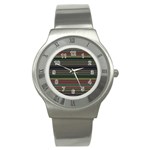 Dark Rust Red and Green Stripes Pattern Stainless Steel Watch Front