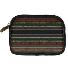 Dark Rust Red And Green Stripes Pattern Digital Camera Leather Case by SpinnyChairDesigns