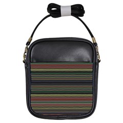 Dark Rust Red And Green Stripes Pattern Girls Sling Bag by SpinnyChairDesigns