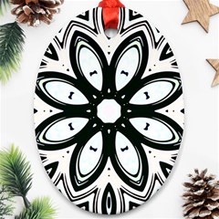 Black And White Floral Print Pattern Ornament (oval) by SpinnyChairDesigns