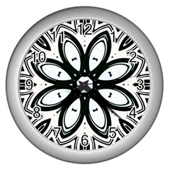 Black And White Floral Print Pattern Wall Clock (silver) by SpinnyChairDesigns