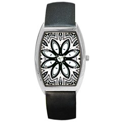 Black And White Floral Print Pattern Barrel Style Metal Watch by SpinnyChairDesigns