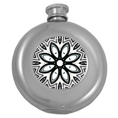 Black And White Floral Print Pattern Round Hip Flask (5 Oz) by SpinnyChairDesigns