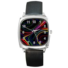 Neon Glow Lines On Black Square Metal Watch by SpinnyChairDesigns