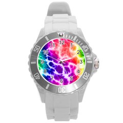 Colorful Tie Dye Pattern Texture Round Plastic Sport Watch (l) by SpinnyChairDesigns